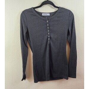 New Doublju Juniors L Gray Long Sleeve Quarter Button Henley T-Shirt